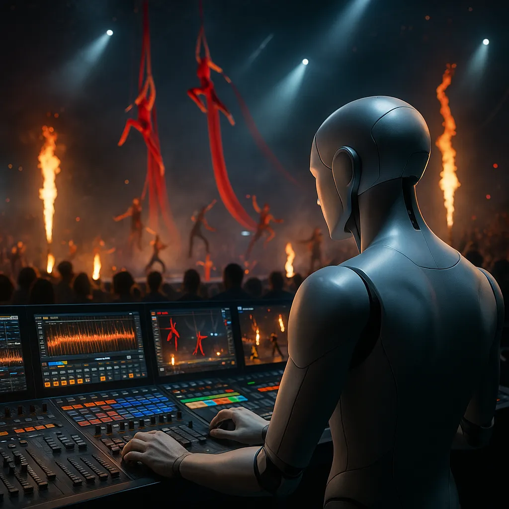 A robot operates a soundboard at a concert. Aerial performers and flames are in the background.