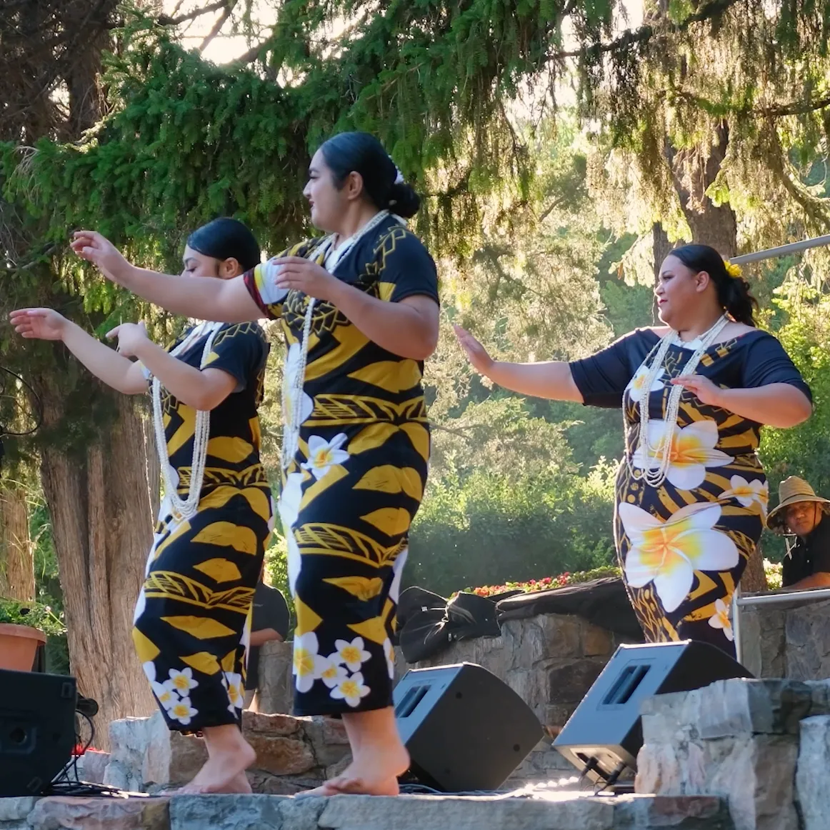 A group of women are dancing on a stage in front of speakers