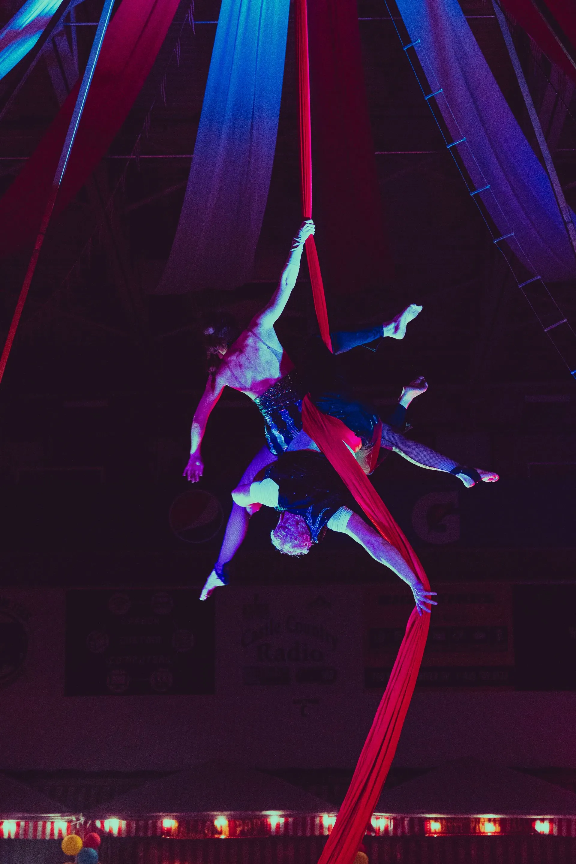 Two aerial acrobats are performing aerial tricks in a circus.